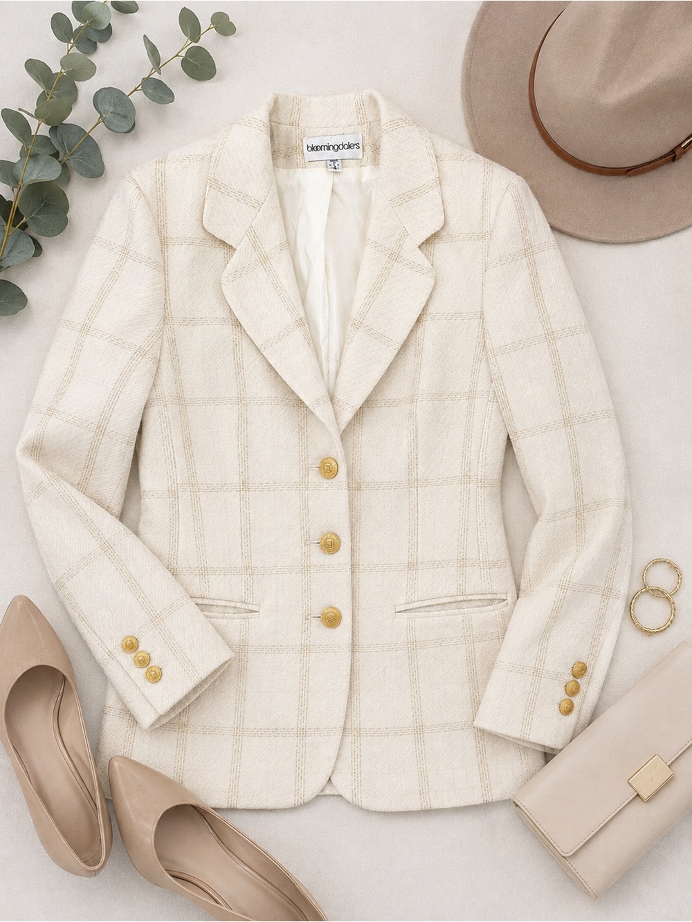 𝘽𝙡𝙤𝙤𝙢𝙞𝙣𝙜𝙙𝙖𝙡𝙚'𝙨 Blazer Ivory Gold Metallic Plaid Vintage Size 4 Made in USA